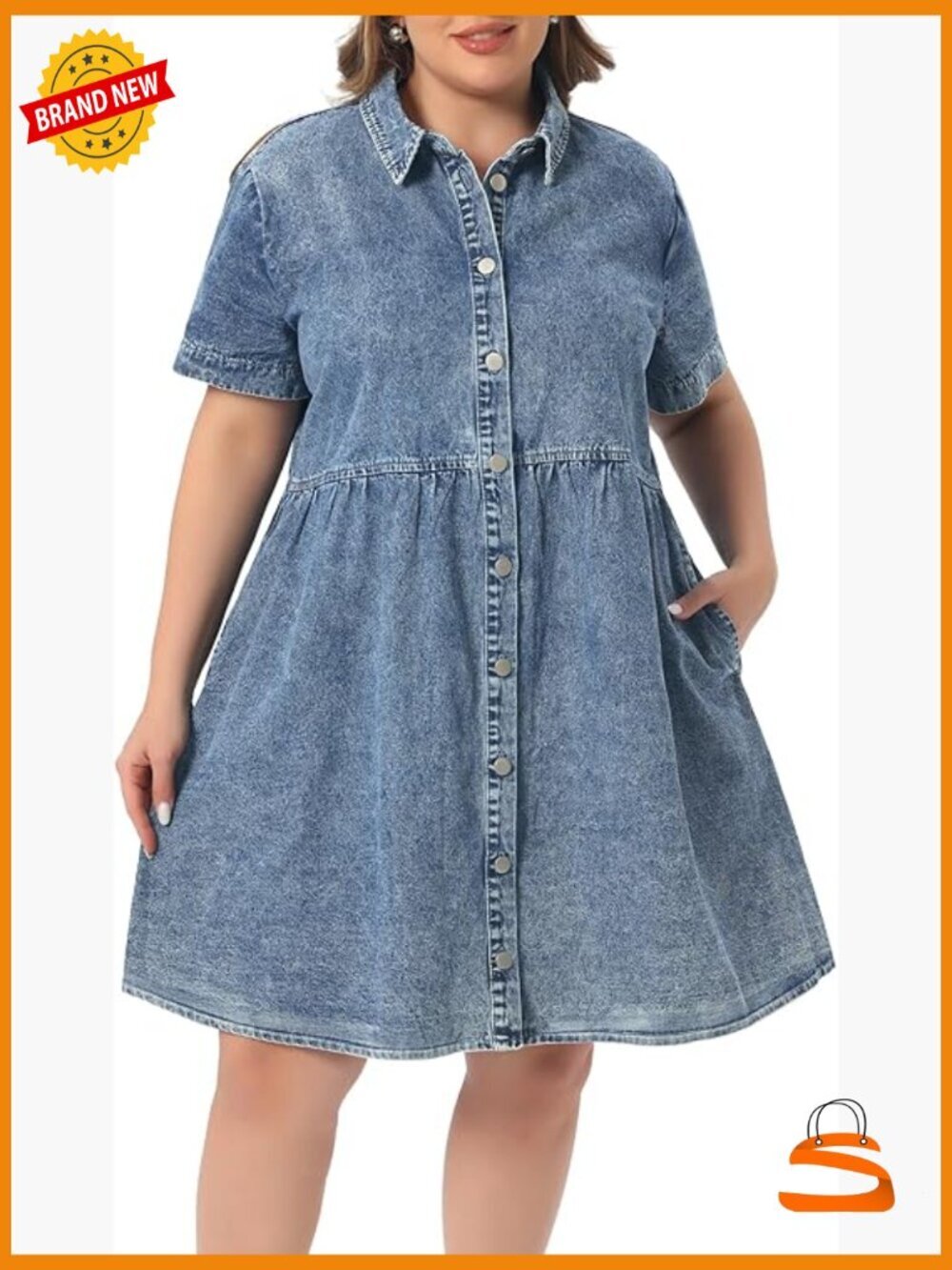 Plus Size Babydoll Denim Dress Button Down Midi Short Sleeve with Pockets